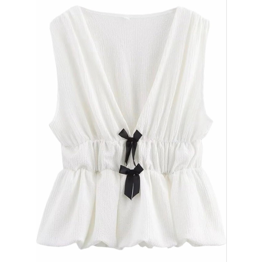 NEW White V Neck Sleeveless Bow Plisse Shirt Tank Top